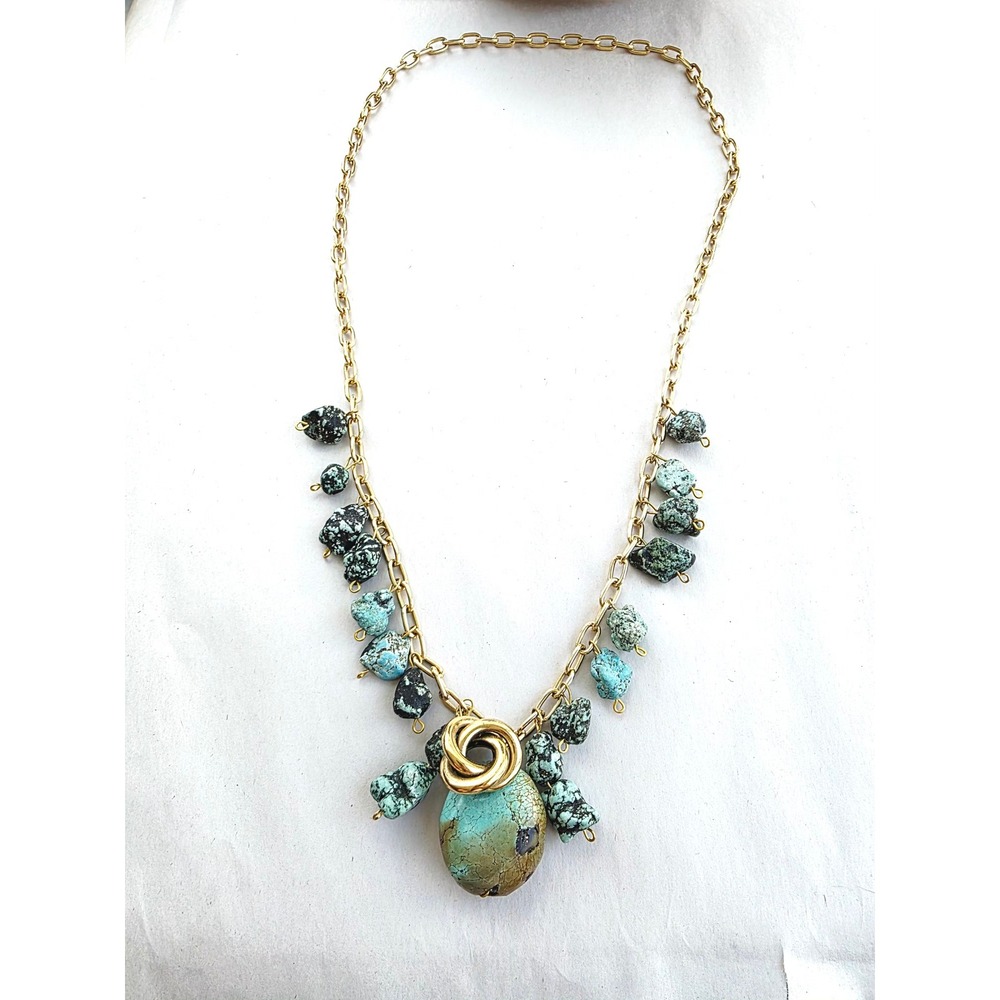 Handcrafted Turquoise Statement Necklace Gold Plated Artisan Raw Fringe boho